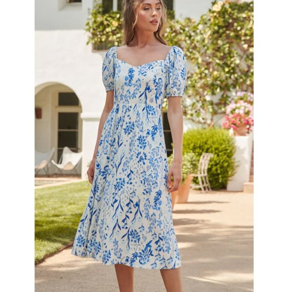 Sugarlips Mallorca Floral Alessi Puff Sleeve Midi Dress Size M